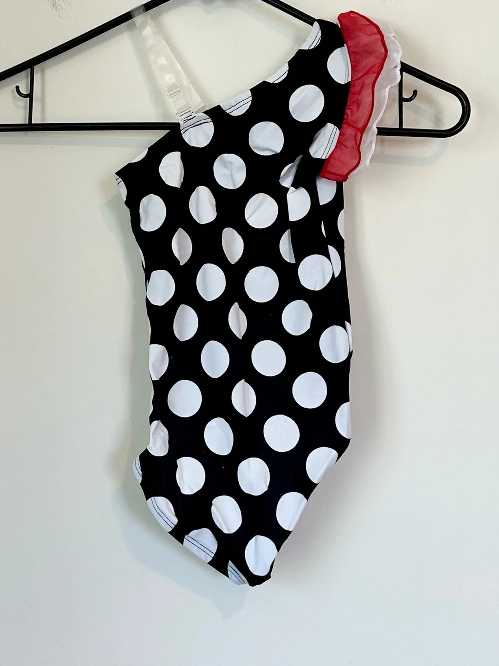 NEW Black & White Polka Dot One-Shoulder Dance Leotard with Red Tutu Skirt